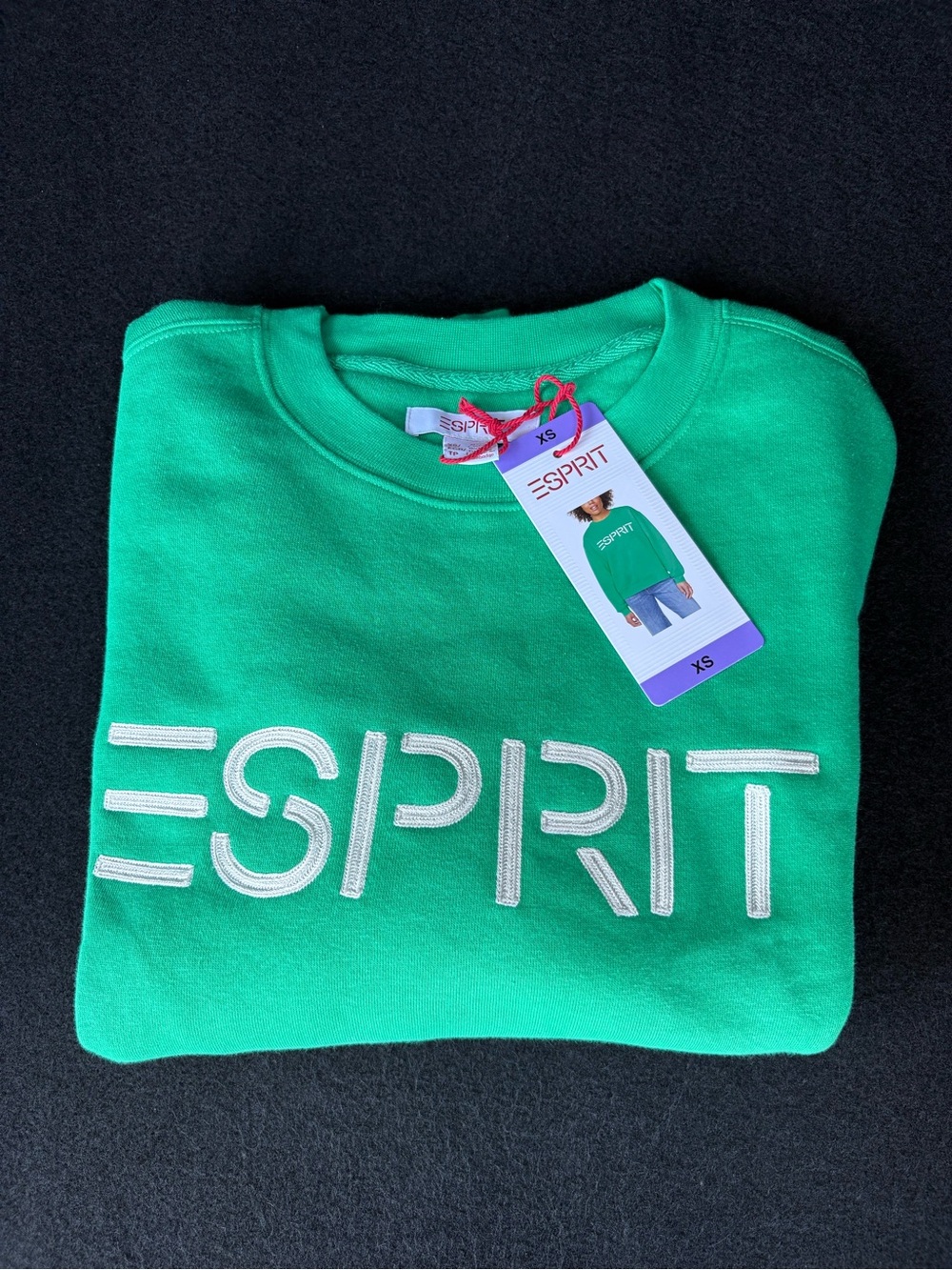 NWT Esprit Women's Logo Fleece Crewneck Green Retro 80s Sweatshirt Sz XS